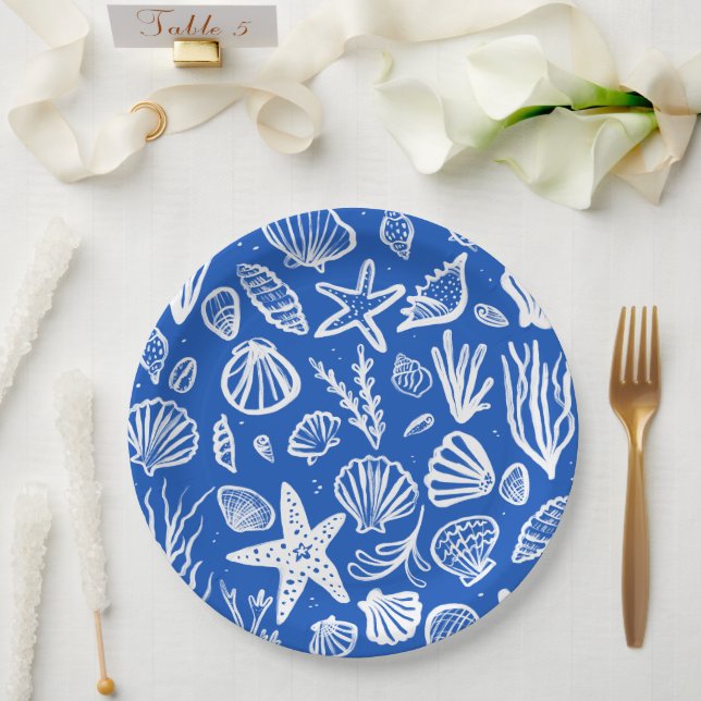 Plato De Papel Seashells Beach Wedding Blue White Cute Seaside (Boda)