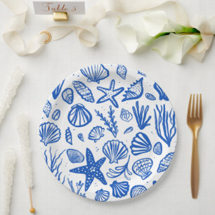 Plato De Papel Seashells Beach Wedding Blue White Cute Seaside