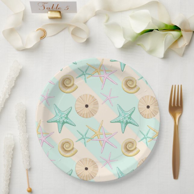 Plato De Papel Seashells Retro Pastel Sea Life (Boda)