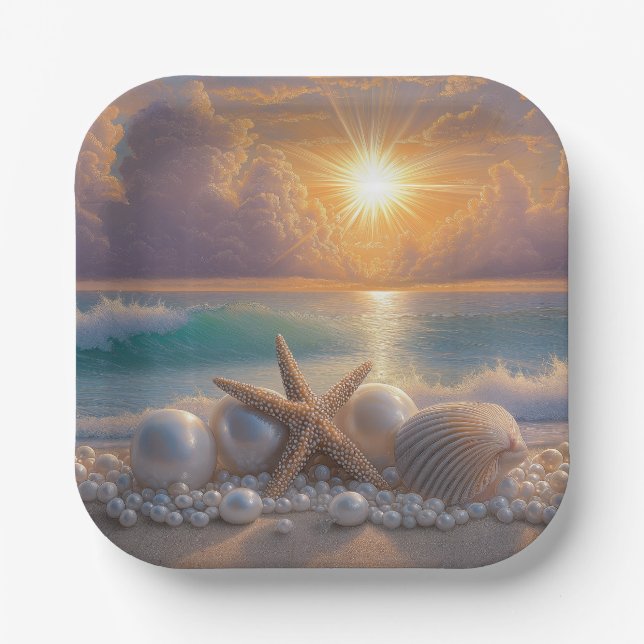 Plato De Papel Seashore Ocean Sunset Seashells Pearls (Anverso)