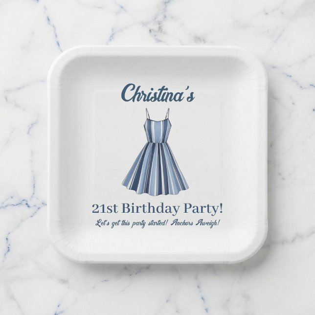 Plato De Papel Seaside Stripes Celebration Birthday    (Celebrate her milestone in style.)