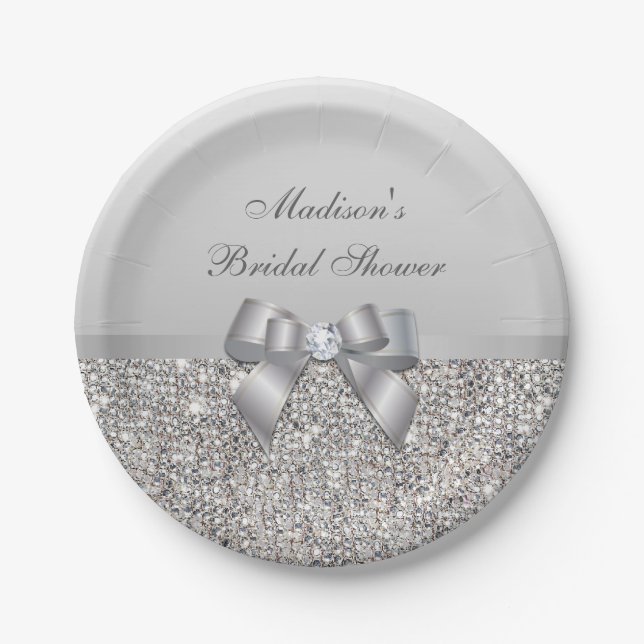 Plato De Papel Secuencias Faux Silver personalizadas Ducha Bridal (Anverso)