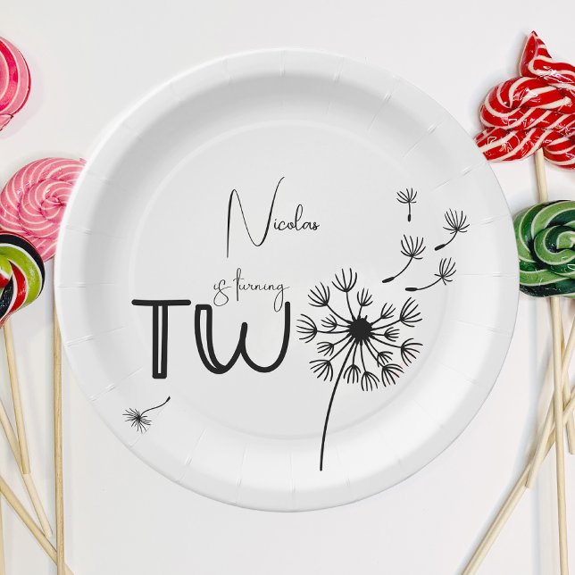 Plato De Papel Segundo cumpleaños de Dandelion monocromático (Subido por el creador)