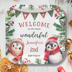 Plato De Papel Segundo cumpleaños de los Navidades de Penguin de