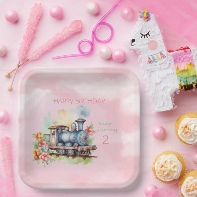 Plato De Papel Segundo cumpleaños del Chica del motor del tren (Fiesta)