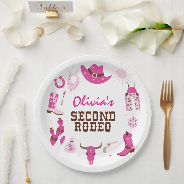Plato De Papel Segundo Rodeo Pink Western Cowboy Cumpleaños 2 (Boda)