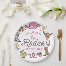 Plato De Papel Segundo Rodeo Pink Western Cowboy Cumpleaños 2