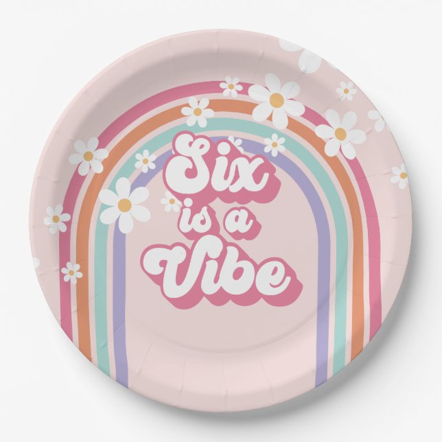 Plato De Papel Seis es un Vibe Rainbow Pink 6º cumpleaños (Anverso)