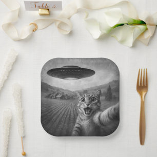 Plato De Papel Selfie de gato con regalos raros de gato de OVNI