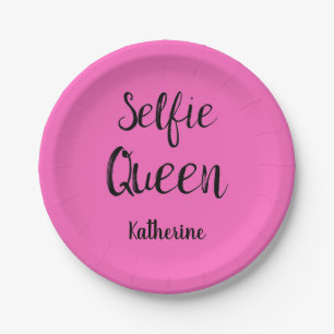 Plato De Papel Selfie nombre de reina Fuchsia personalizada rosa 