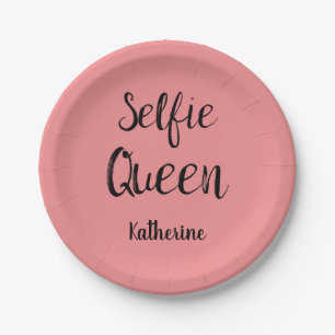 Plato De Papel Selfie nombre de reina Naranja de coral personaliz