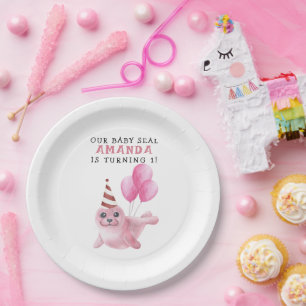 Plato De Papel Sello Rosado Primer Cumpleaños Debajo Del Mar