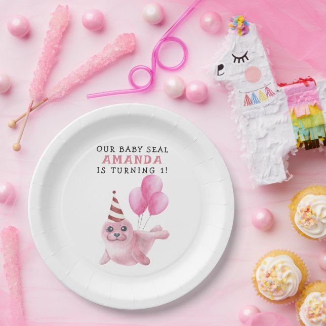 Plato De Papel Sello Rosado Primer Cumpleaños Debajo Del Mar (Fiesta)