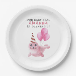 Plato De Papel Sello Rosado Primer Cumpleaños Debajo Del Mar