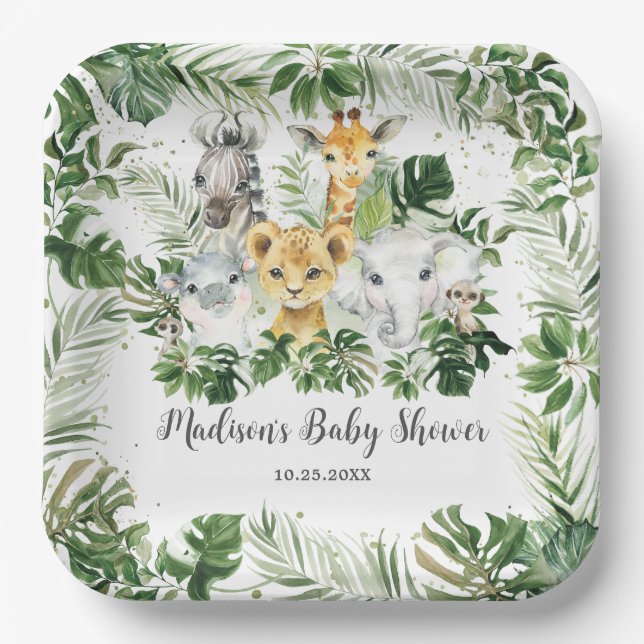 Plato De Papel Selva Animal Safari Greenery Neutral Baby Shower (Anverso)