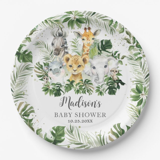 Plato De Papel Selva Animal Safari Greenery Neutral Baby Shower (Anverso)