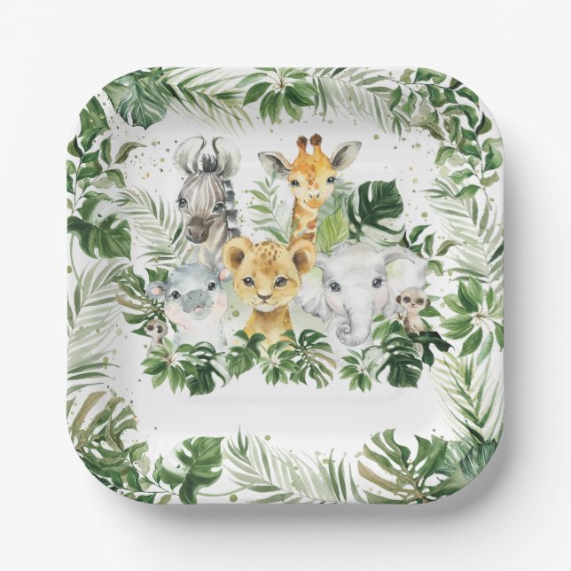 Plato De Papel Selva Animal Safari Greenery Neutral Baby Shower (Anverso)
