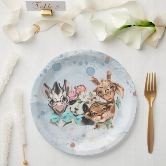 Plato De Papel Selva azul de animales salvajes para los niños (Boda)