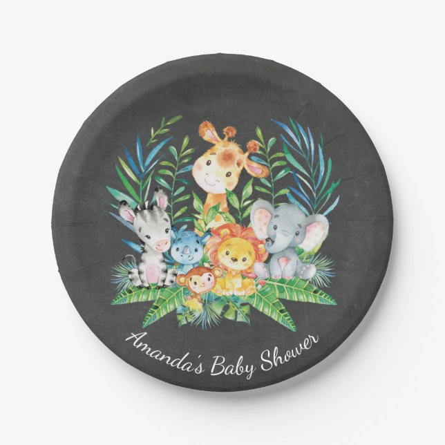 Plato De Papel Selva Baby Shower 7" del safari de la pizarra (Anverso)