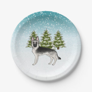 Plato De Papel Selva de invierno azul Shepherd de plata
