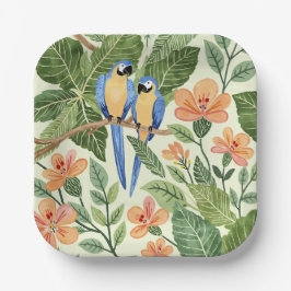 Plato De Papel Selva de Macao silvestre color de agua tropical