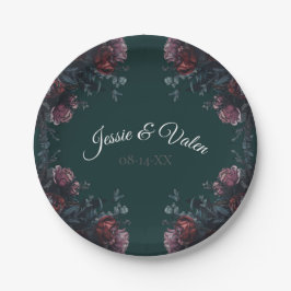 Plato De Papel Selva Oscura Verde Elegante Boda Maroon Mauve