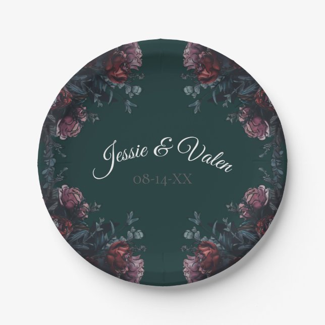 Plato De Papel Selva Oscura Verde Elegante Boda Maroon Mauve (Anverso)