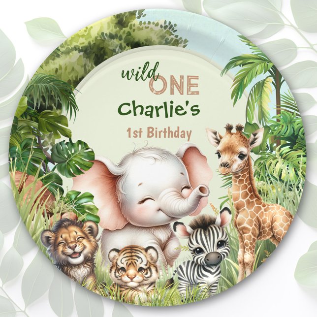 Plato De Papel Selva Safari Jungle Animals Wild One 1er cumpleaño (Safari Jungle Cute Animals Wild One 1st Birthday Paper Plates)
