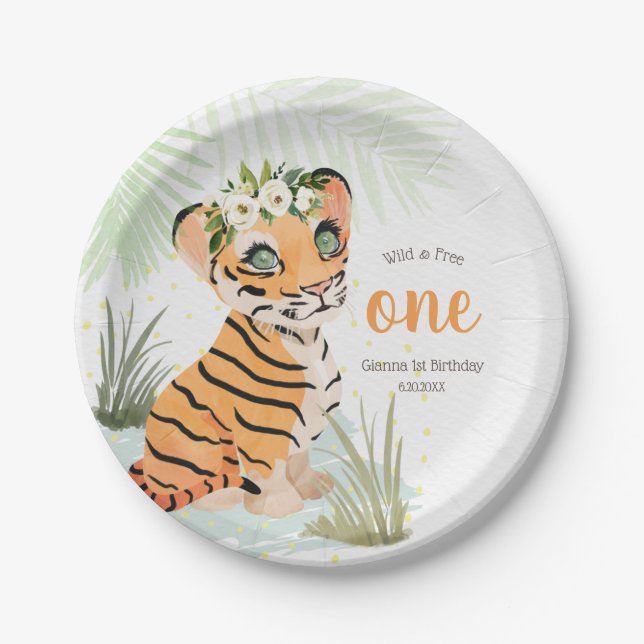 Plato De Papel Selva silvestre y floral libre primer tigre de cum (Anverso)