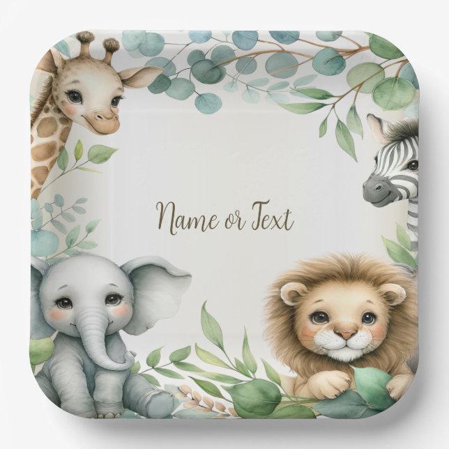 Plato De Papel Selva tropical Safari animales Fiestas de hojas ve (Anverso)