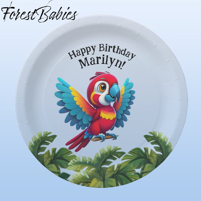 Plato De Papel Selva tropical Selva Macaw Safari Parrot Bird (Macaw Parrot 🌴 Tropical Bird ForestBabies Customizable Birthday Party Animal 9" Paper Plates)