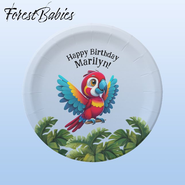 Plato De Papel Selva tropical Selva Macaw Safari Parrot Bird (Macaw Parrot 🌴 Tropical Bird ForestBabies Customizable Birthday Party Animal 7" Paper Plates)