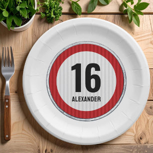 Plato De Papel Señal de límite de velocidad de cumpleaños 16 