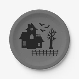 Plato De Papel Sencilla Silhouette De Casa Y Bats Halloween