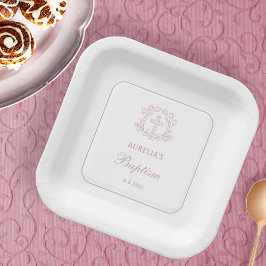 Plato De Papel Sencillo Baptismo de Cruz Rosa Floral