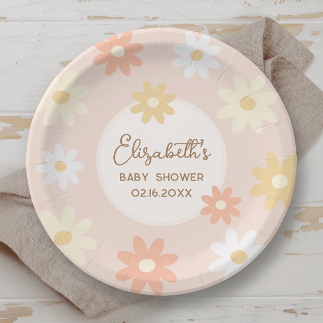 Plato De Papel Sencillo Chic Retro Daisy Boho Niña Baby Shower (Subido por el creador)