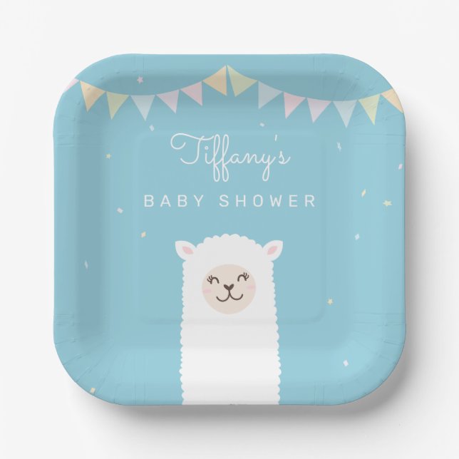 Plato De Papel Sencillo elegante Alpaca Llama Boy Baby Shower (Anverso)