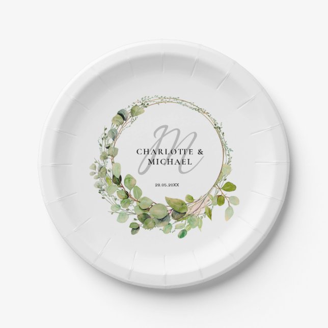 Plato De Papel Sencillo, elegante, monograma boda de eucalipto (Anverso)