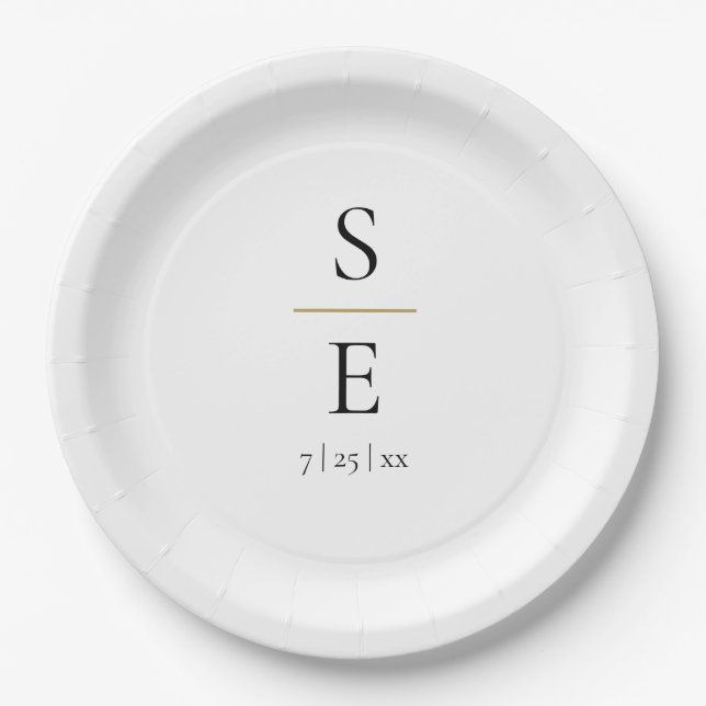 Plato De Papel Sencillo Monograma de Boda Elegante (Anverso)