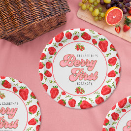 Plato De Papel Sencillo patrón de fresa Primer cumpleaños Berry p