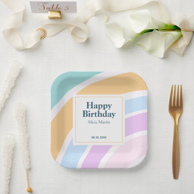 Plato De Papel Sencillo y moderno Pastel Rainbow Happy Birday (Boda)