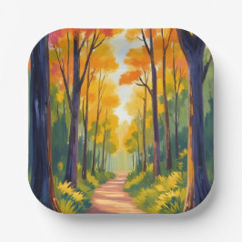 Plato De Papel Sendero de bosque otoñal | Aquarela de follaje de 