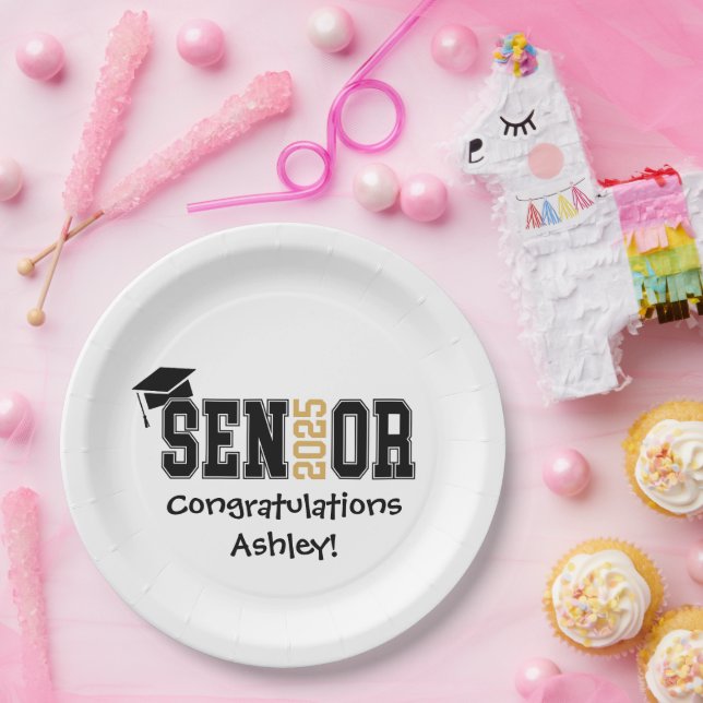 Plato De Papel Senior 2025 - Nombre del Personalizar (Fiesta)
