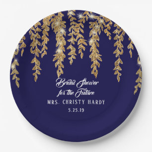Plato De Papel Señora futura Navy Gold Willow Leaf de la ducha