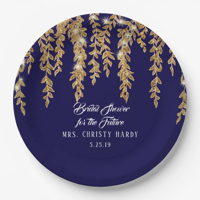 Plato De Papel Señora futura Navy Gold Willow Leaf de la ducha (Anverso)