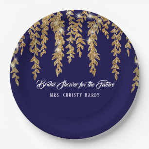 Plato De Papel Señora futura Navy Gold Willow Leaf de la ducha