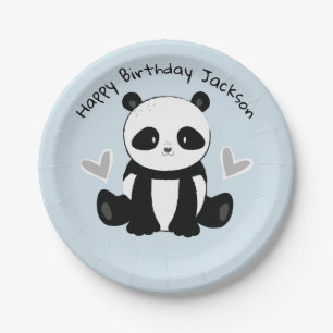 Plato De Papel Sentando Panda con placa Fiesta azul cardíaco