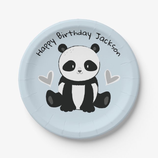 Plato De Papel Sentando Panda con placa Fiesta azul cardíaco (Anverso)