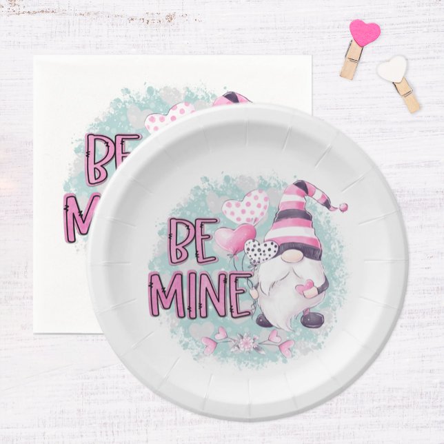 Plato De Papel Ser Mío Gnomo Día de San Valentín (Valentine's Day Gnome "Be Mine" plate)