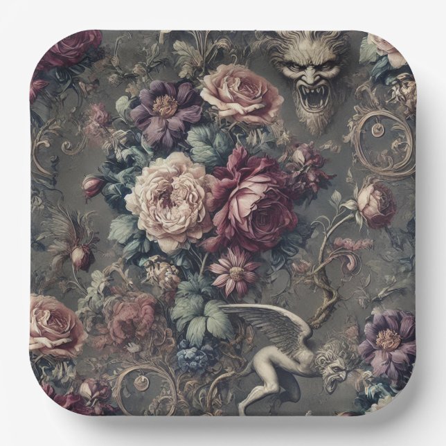 Plato De Papel Seraph Hunting – Gothic Floral Design (Anverso)